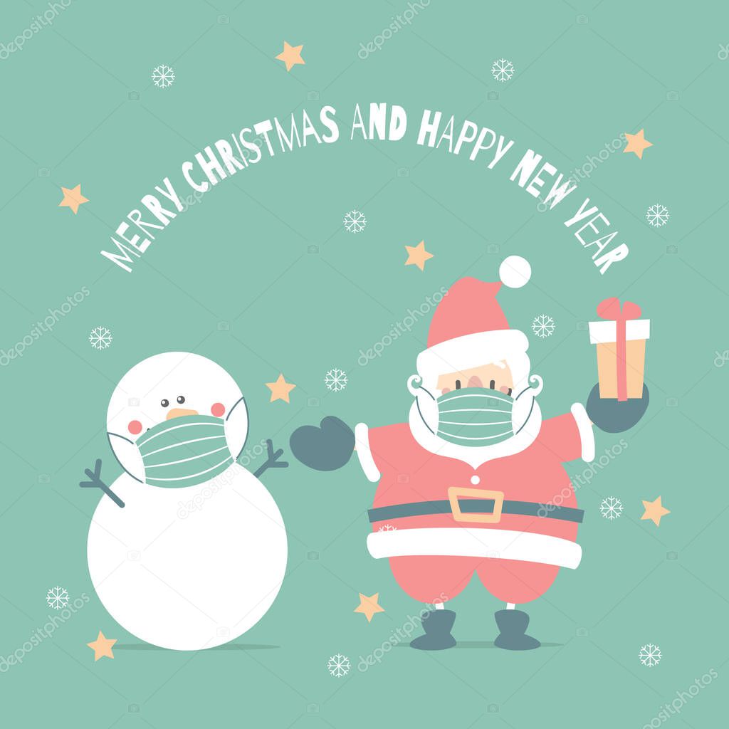 merry christmas and happy new year with santa claus wearing protective mask and snowman in the winter season green background, health care concept, flat vector illustration cartoon character design