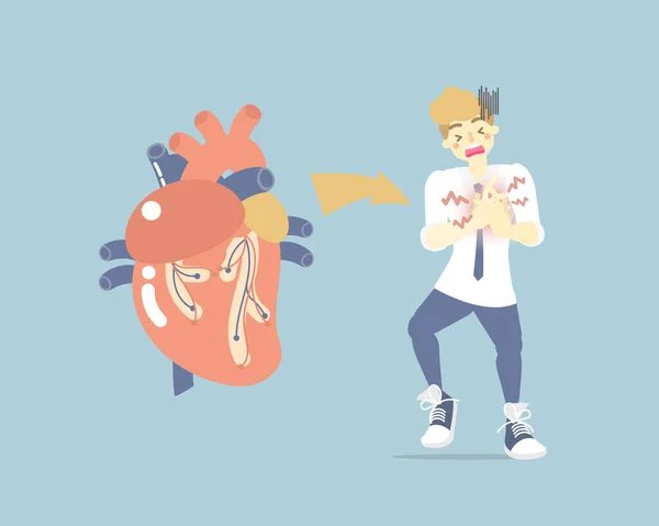 Kalp yetmezliği olan bir adam, kalp krizi, hızlı kalp hızı, tıbbi iç organlar... kısmen sinir sistemi anatomisi sağlık semptomu, düz vektör illüstrasyon karikatür tasarım sanatı