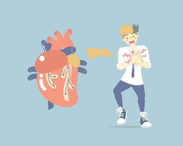 человек с сердечной недостаточностью, приступ болезни, учащенное сердцебиение, медицинские внутренние органы части нервной системы анатомия здравоохранения симптом, плоский вектор иллюстрации мультфильм дизайн клип искусства