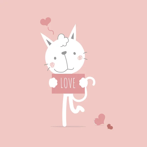 Χαριτωμένο Και Υπέροχο Χέρι Ζωγραφισμένα Γάτα Κρατώντας Χαρτί Ευτυχισμένη Ημέρα — Διανυσματικό Αρχείο