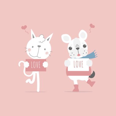 cute cat and dog holding paper with love, happy valentine's day, flat vector illustration cartoon character costume design