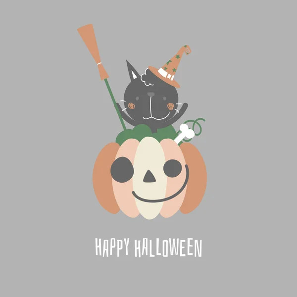 Happy Halloween Holiday Festival Cat Holding Broom Pumpkin Flat Vector — стоковый вектор