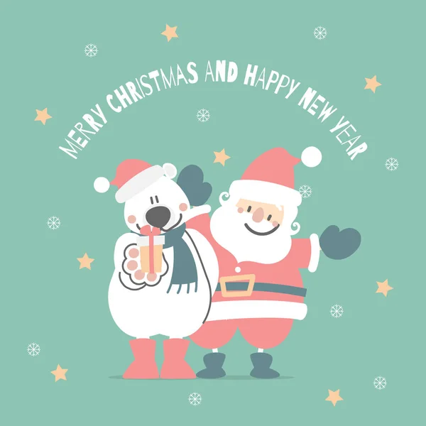 크리스마스와 새해를 보내며 귀여운 클라우스와 북극곰 눈송이가 배경에 등장하는 배경에 — 스톡 벡터