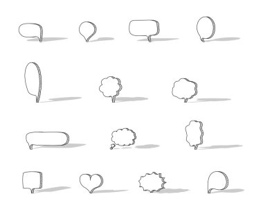 Gölgeli boş el çizilmiş konuşma balonu koleksiyonu, konuşun fısıldayın metin kutusu, düz vektör çizim tasarımı izole edilmiş