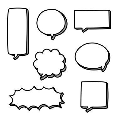 boş siyah beyaz el çizim balonu koleksiyonu, konuşma metni kutusu, pankart, düz vektör illüstrasyon tasarımı