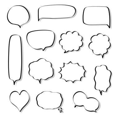 boş siyah beyaz el çizim balonu koleksiyonu, konuşma metni kutusu, pankart, düz vektör illüstrasyon tasarımı