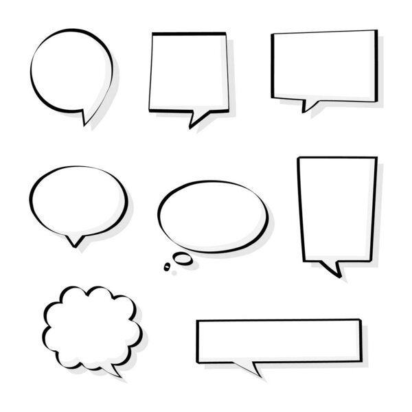 collection set of blank black and white hand drawing speech bubble balloon, think speak talk text box, banner, flat vector illustration design