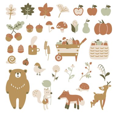 Sonbahar ögesi koleksiyonu, düz vektör illüstrasyon çizgi film tasarımı