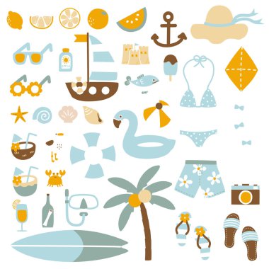 Yaz mevsimi ikonlarının koleksiyonu tropikal tatil süslemeleri dekorasyon elementleri, düz vektör illüstrasyon karakter kostüm tasarımı