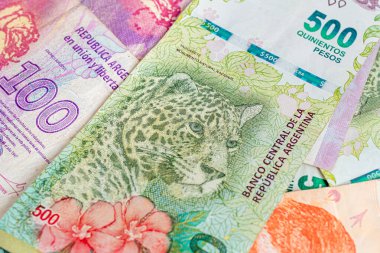 Peso banknotes of the money of the argetine currency, the Argentine peso. Close up photo. Economy and finance concept.
