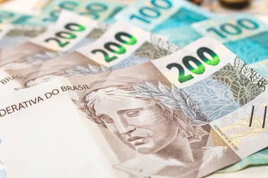 Real currency, Money from Brazil. Money, Reais, Brazil. Brazilian Real banknotes in close-up.