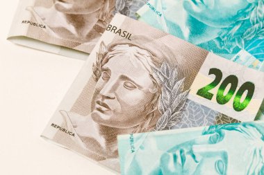 Real currency, Money from Brazil. Money, Reais, Brazil. Brazilian Real banknotes in close-up.