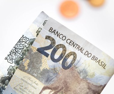 Real, money from Brazil. Dinheiro, Reais, Real Brasileiro, Brasil. Brazilian banknotes in close-up. brazilian banknotes of 200 Reais  
