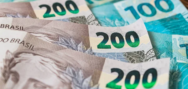 Real currency, Money from Brazil. Money, Reais, Brazil. Brazilian Real banknotes in close-up.
