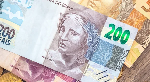 Real, money from Brazil. Dinheiro, Reais, Real Brasileiro, Brasil. Brazilian banknotes in close-up.