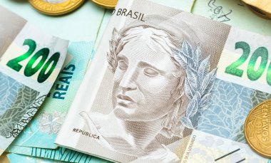 Real, money from Brazil. Dinheiro, Reais, Real Brasileiro, Brasil. Brazilian banknotes in close-up. brazilian banknotes of 200 Reais  