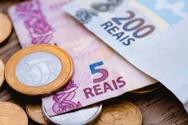 Real, money from Brazil. Money, Brazil, Reais. A brazilian banknotes and coins.