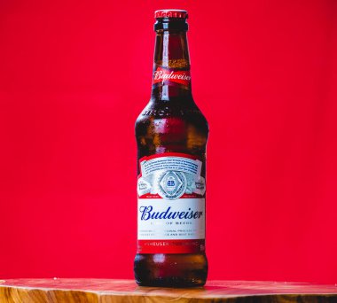 Brasilia, Federal District - Brazil. December, 17, 2019. Studio shot of a Budweiser beer bottle. Red background.