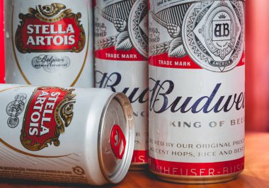 Inbev, Ambev. Budweiser and Stella Artois beer. Studio shot of Budweiser and Stella Artois beer cans. Brasilia, Federal District - Brazil. December, 17, 2019.