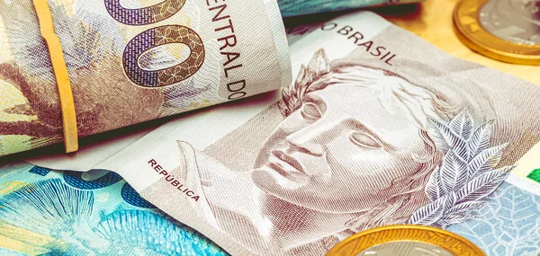 Real Money Brazil Reais Brazil Money Group Brazilian Banknotes Desk — Stok fotoğraf
