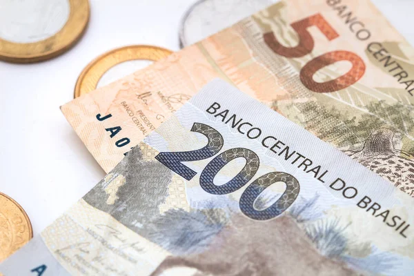 Справжні Гроші Бразилії Гроші Бразилія Рейс Бразільські Банкноти Монети Крупному — стокове фото