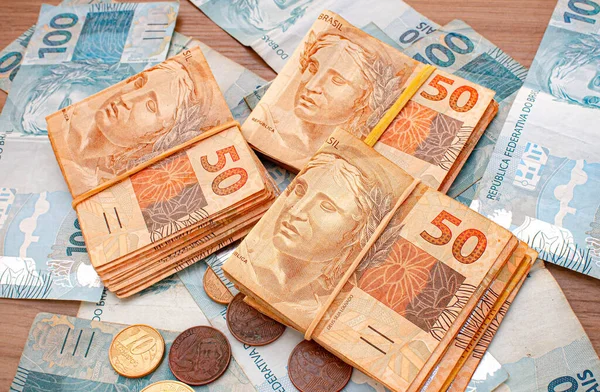 Brazilian Real banknotes in close-up photography. Brazilian economy and finance.