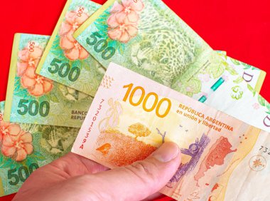 A person holding a group of banknotes of Argentine pesos, the money of the Argentine. Dark background. Photo for representation of economy and finance 