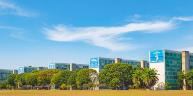 Esplanada dos ministrios. Photograph of the buildings on the ministry terrace with anti-corruption banners. Braslia, Federal District - Brazil. Circa, October, 2019.