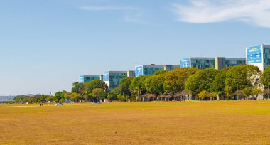 Esplanada dos ministrios. Photograph of the buildings on the ministry terrace with anti-corruption banners. Braslia, Federal District - Brazil. Circa, October, 2019.