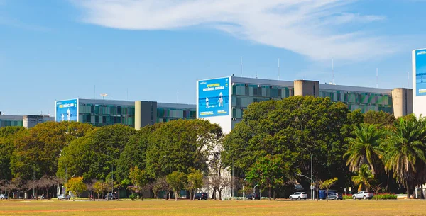Esplanada dos ministrios. Photograph of the buildings on the ministry terrace with anti-corruption banners. Braslia, Federal District - Brazil. Circa, October, 2019.