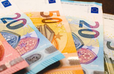 Money, Euros. European Union currency. Euro banknote and pen in an office environment. Close up photo.