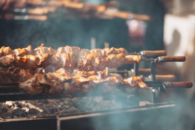 Dolgun bir arka bahçede, canlı bir yaz barbekü kutlamasında ızgarada ızgara yapan tuzlu etler. Dostlar toplanmış lezzetli aromanın tadını çıkarıyorlar. Parktaki barbekü partisinde cızırdayan şişler ve aromalı dumanlar.
