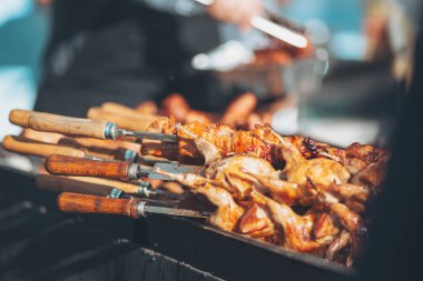 Dolgun bir arka bahçede, canlı bir yaz barbekü kutlamasında ızgarada ızgara yapan tuzlu etler. Dostlar toplanmış lezzetli aromanın tadını çıkarıyorlar. Parktaki barbekü partisinde cızırdayan şişler ve aromalı dumanlar.
