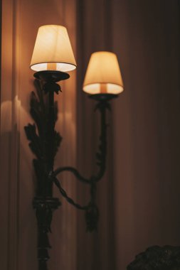 Bir duvar lambasında loş bir alanda yumuşak ışık saçan iki açık renk vardır. Alet metalden yapılmış ve kollarında dekoratif detaylar var. Atmosfer rahat bir ortam olduğunu gösteriyor.