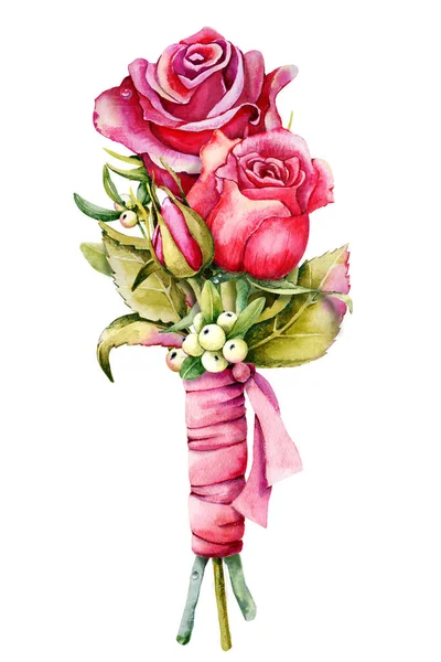 Un ramo de rosas y ramas de muérdago atadas con cinta. Ilustración de acuarela de mano aislada sobre fondo blanco. Diseño para boda, invitación, felicitaciones, clipart, postal, cumpleaños — Foto de Stock