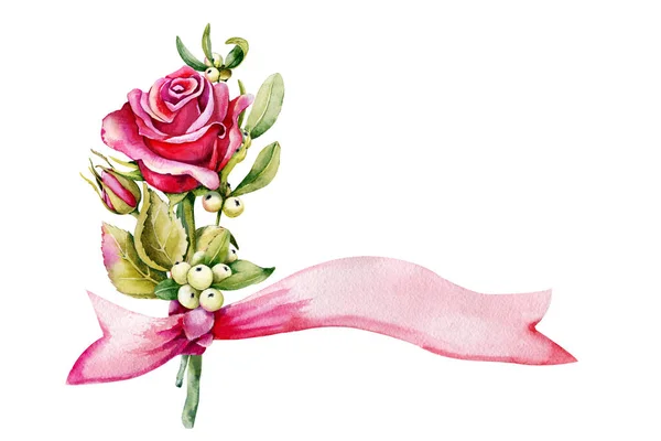 Ένα Μπουκέτο Τριαντάφυλλα Και Κλαδιά Γκι Δεμένα Κορδέλα Χειροποίητη Ακουαρέλα — Φωτογραφία Αρχείου