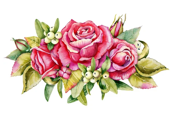 Ένα Μπουκέτο Τριαντάφυλλα Και Κλαδιά Γκι Δεμένα Χειροποίητη Ακουαρέλα Που — Φωτογραφία Αρχείου