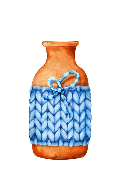 Ceramiczny Wazon Kwiatowy Dzianinową Dekoracją Ręcznie Rysowane Kliparty Akwarelowe Izolowane — Zdjęcie stockowe