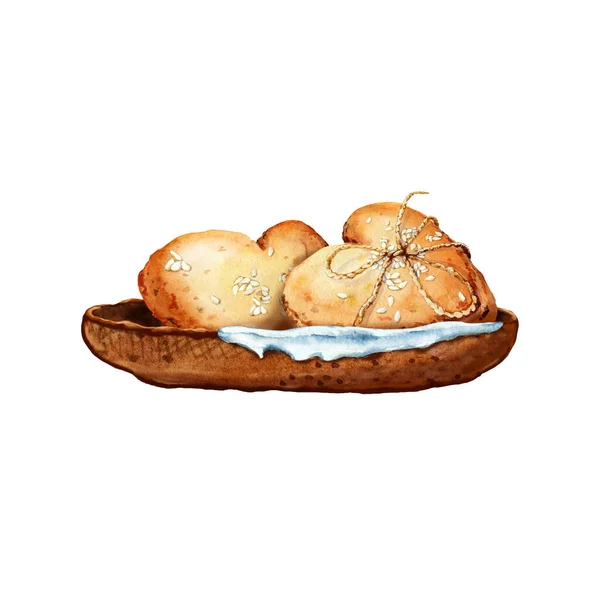 Herzförmige Kekse Mit Sesam Auf Einem Keramikteller Handgezeichnetes Aquarell Cliparts — Stockfoto