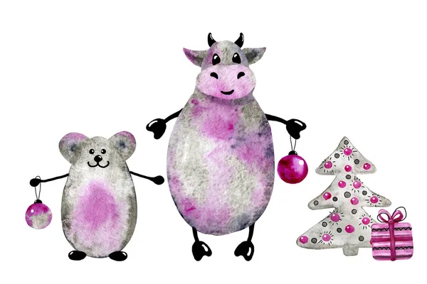 Bull Rat Symbole Nouvel Souhaitent Joyeux Noël Aquarelle Illustration Dessinée — Photo