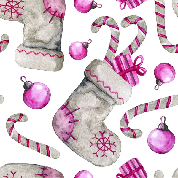 Seamless Pattern New Year Sock Felt Boots Staff Gifts Hand — Stock Photo, Image
