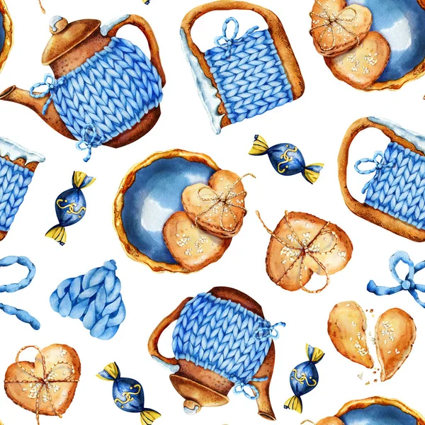 Seamless pattern with ceramic teapot, mug, cookies, knitted warmer. Cozy home concept. Hand drawn watercolor clipart isolated on white background. Design for menu, tea ceremony, packaging, wrappers.