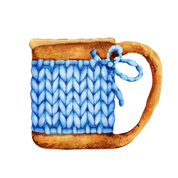陶瓷黏土杯 一杯茶或咖啡 针织衣服 在白色背景上孤立的特写水彩画 茶道与家庭舒适的概念 — 图库照片