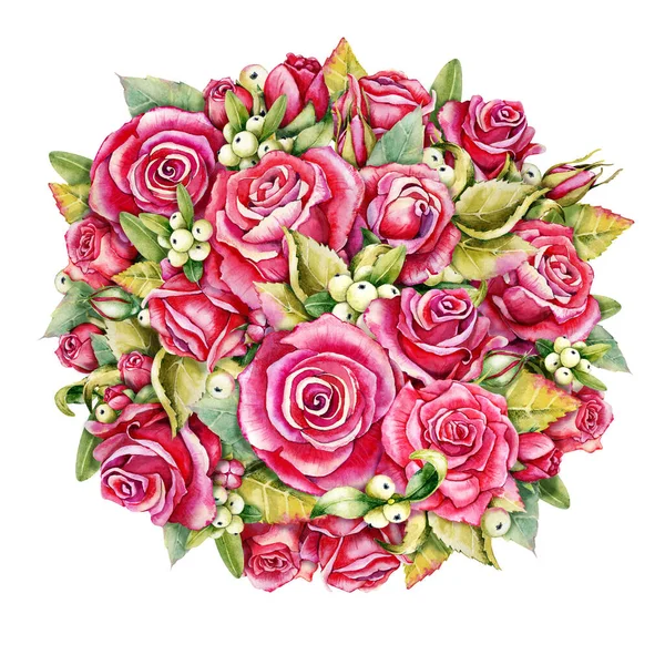 バラとミステリーベリーの花のラウンドフレーム デジタルペーパーとファブリックのためのシームレスなパターン 白い背景に水彩画のイラスト 郵便はがきのためのデザイン — ストック写真