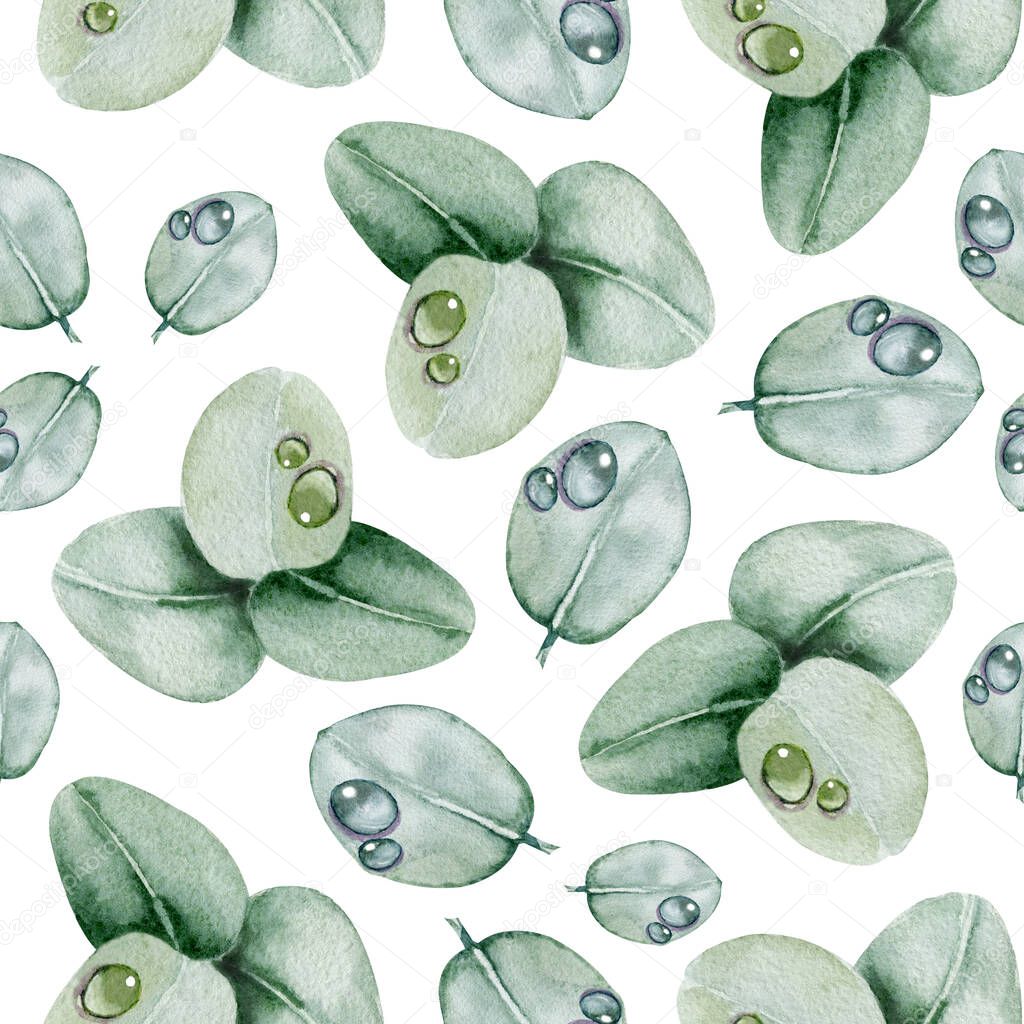 Seamless pattern with eucalyptus leaves, dew drops. Handmade watercolor illustration. Design for wedding background, template, invitation, fabric, wallpaper, wrapping wrapper