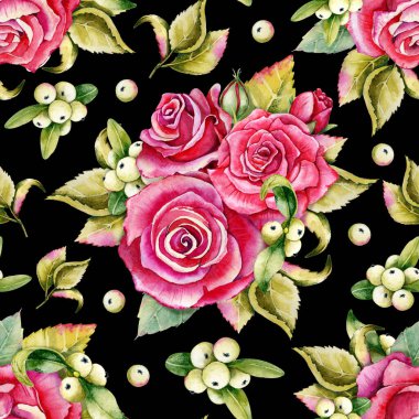 Gül tomurcukları ve yapraklarla kusursuz desen. Siyah arka planda suluboya resim. Şal, mendil, düğünler, elbiseler, kumaşlar, duvar kağıtları, desen, dijital kağıt, kostüm tasarımı için.
