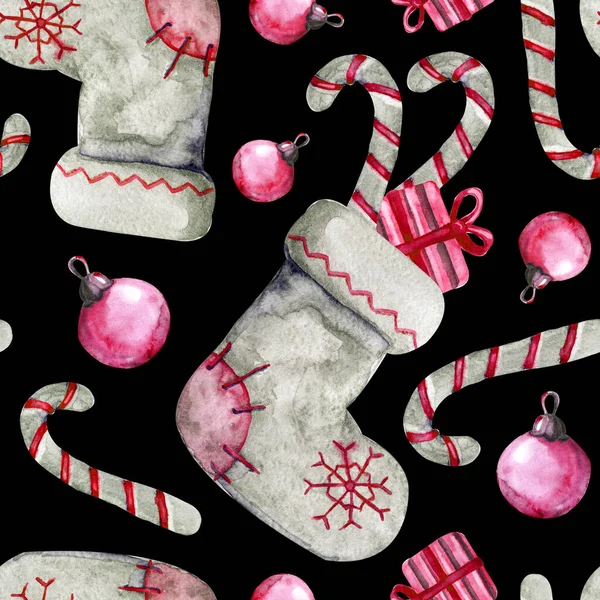 Seamless pattern with New Years sock, felt boots, staff, gifts. Hand drawn watercolor illustration on black background. Design of Christmas products, packaging, wrapper, postcards. — Stock Photo, Image