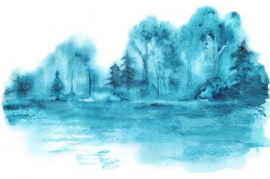 Ağaçlar, orman, göl, nehir manzarası. El çizimi suluboya çizimi. Monokrom, turkuaz renk, doğa.