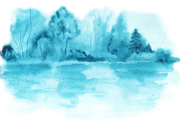 Ağaçlar, orman, göl, nehir manzarası. El çizimi suluboya çizimi. Monokrom, turkuaz renk, doğa. — Stok fotoğraf