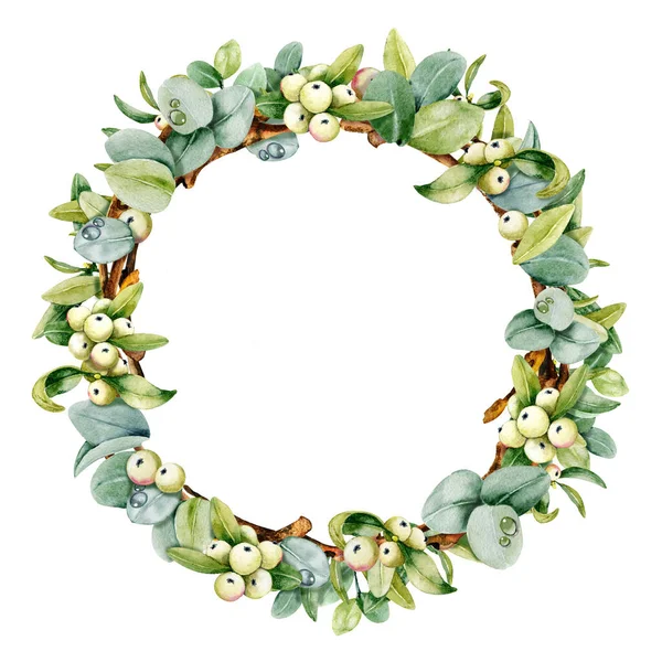 Round wreath with eucalyptus leaves, mistletoe berries, willow twigs. Watercolor illustration isolated on white background. Hand drawn. For the design of Christmas and wedding products.